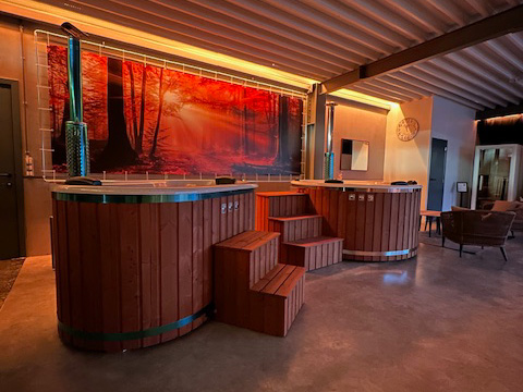 Hot tub opgesteld in wellnessruimte met warme houtafwerking